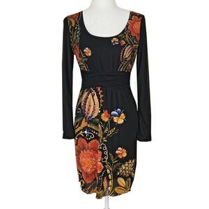 Desigual By Christian Lacroix Dress Size S Black Floral Print Long Sleeves